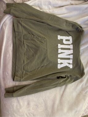 PINK Olive Green Hoodie with White Tag Detail